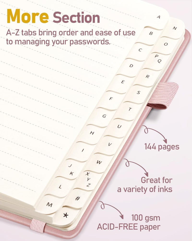 WEMATE Password Book with Alphabetical Tabs, Spiral Password Keeper Book for Seniors, Internet Password Notebook Password Journal Logbook Log in Detail, Small – 4.7''x 6'' (Rose Gold) - Image 4